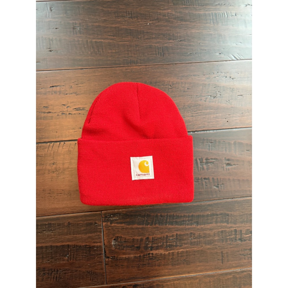 Carhartt Hat Beanie Red Knit Cuffed Logo Patch Mens Womens outdoorsy winter cozy
